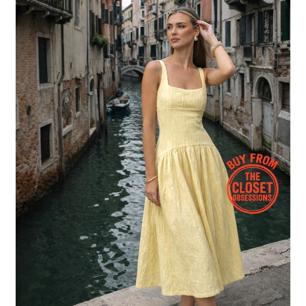 ZARA Yellow Textured Midi Dress NWT Square Neck Open Back Cottagecore Size S - Picture 5 of 16